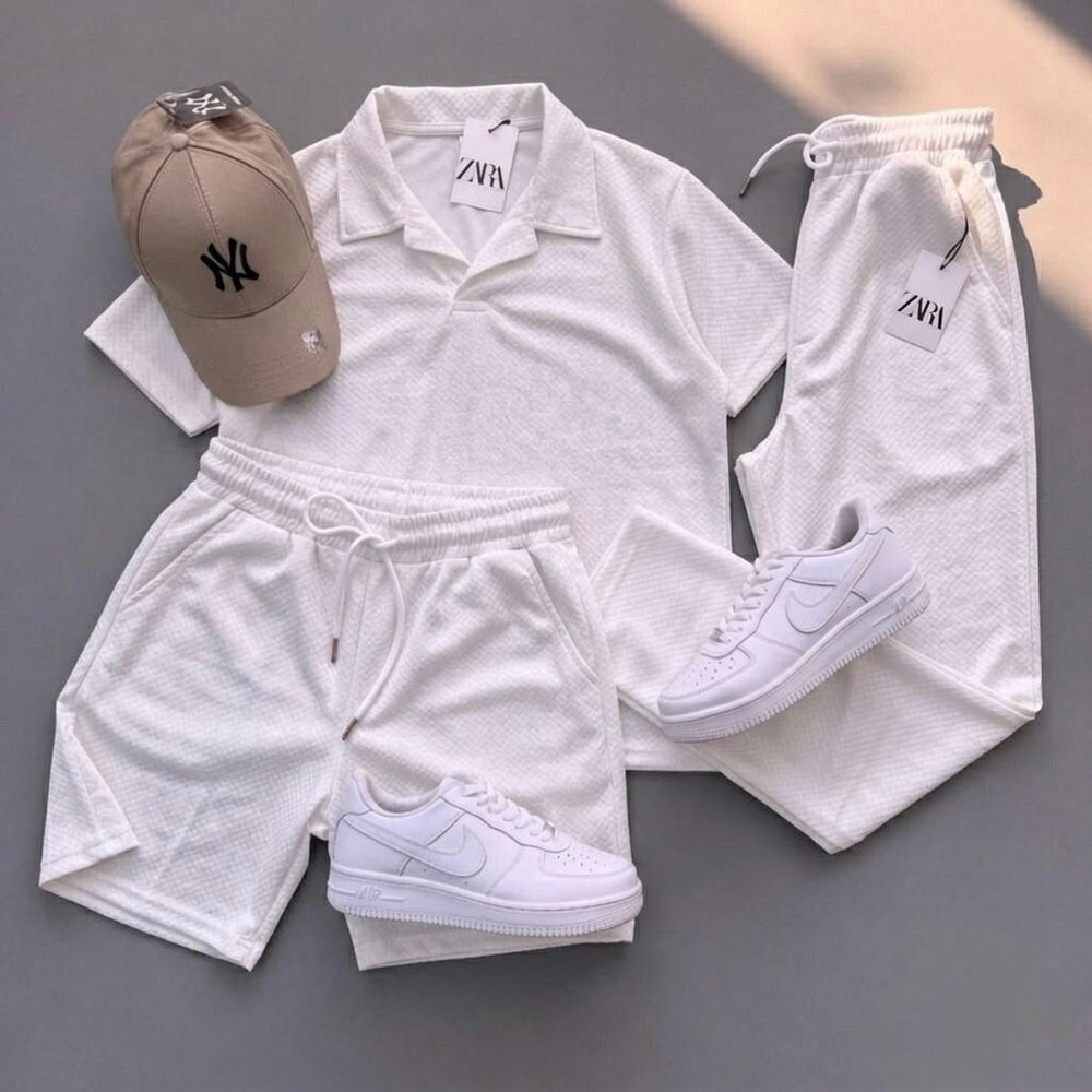Men’s Premium 3-Piece Collar Track Suit – Summer Texture Fabric Set (Shirt + Shorts + Trouser)